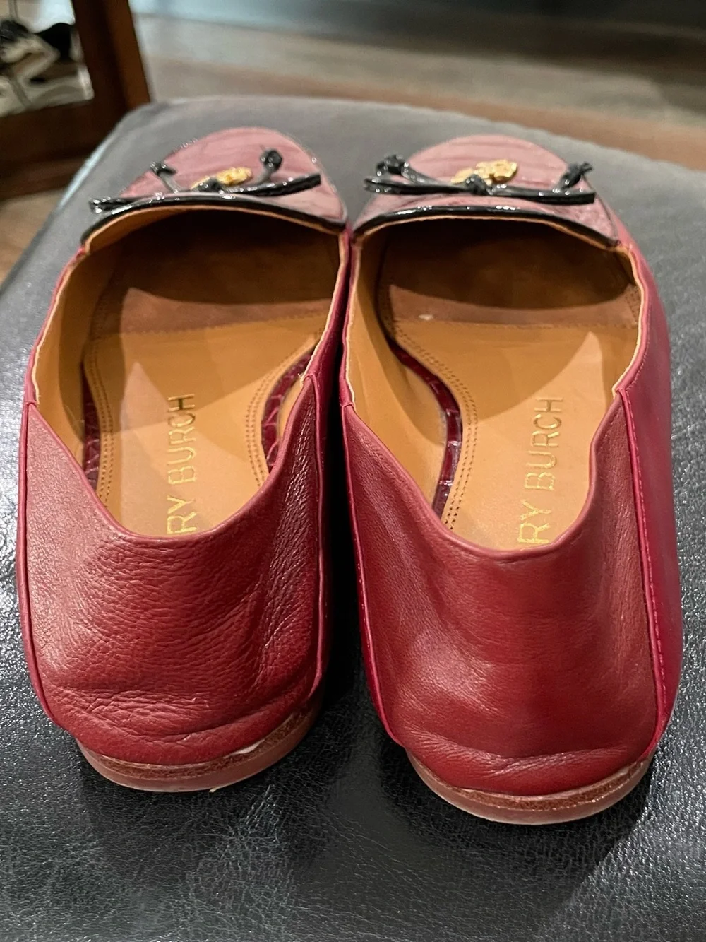 Tory Burch Red Croc Embossed Charm Trim Bow Loafers Mule Flats Size 7